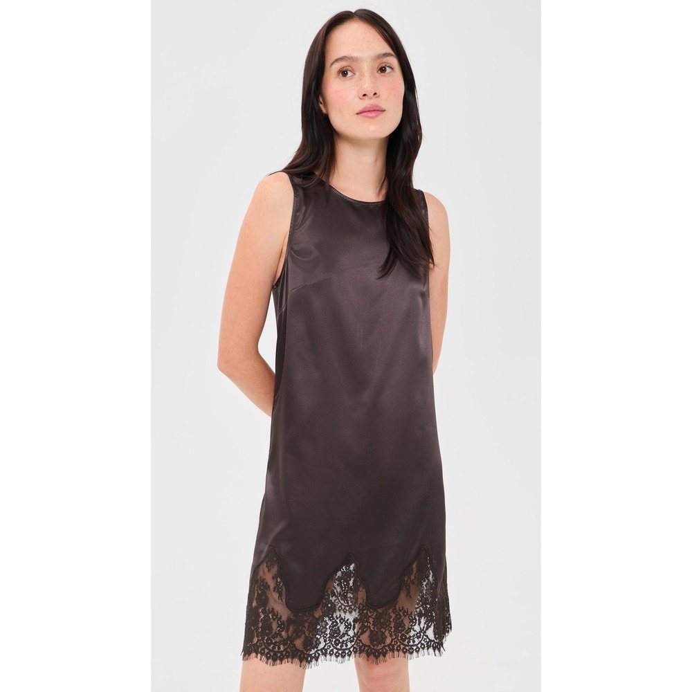 Kourt Yasmin Brown Satin Lace Hem Sleeveless Shift Dress Size M NWT